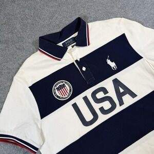 Polo Ralph Lauren Polo Shirt Mens Medium Blue USA Flag Stripe Rugby Custom Slim